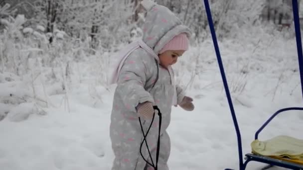 Family Walking Through Winter Woodland (en inglés). La niña y su madre están caminando en el bosque de invierno. jugando con nieve y trineo. en ropa de invierno caliente — Vídeo de stock
