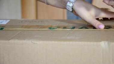 Kız eşyaları ya da mobilyaları aldı, bir ofis bıçağı yardımıyla kutuyu açtı. Kitaplarla dolu kutuları açan, öğrenci yurdunda yeni bir odaya taşınan bir kız.