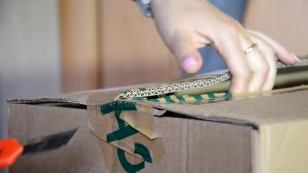 Dívka přijala zboží nebo nábytek, vybalí krabici s pomocí kancelářského nože. Detailní záběr dívky vybalování box s knihami, stěhování do nového pokoje ve studentské ubytovně — Stock video