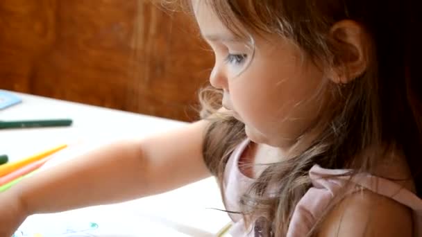 Little girl two three years old decorate animals with felt-tip pens. Child doing homework and writing story essay. Elementary or primary school class. Closeup of hands and colorful pencils. — Stock Video
