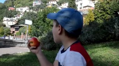 Elma meyvesi yiyen çocuk baharda, yazda ya da sonbaharda dışarıda piknik yapıyor.