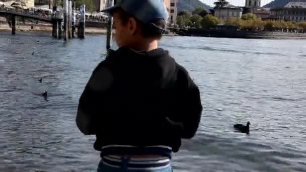 Widok z tyłu małego chłopca rzucającego jedzenie do rzeki, aby nakarmić kaczki, piękny widok na jezioro — Wideo stockowe