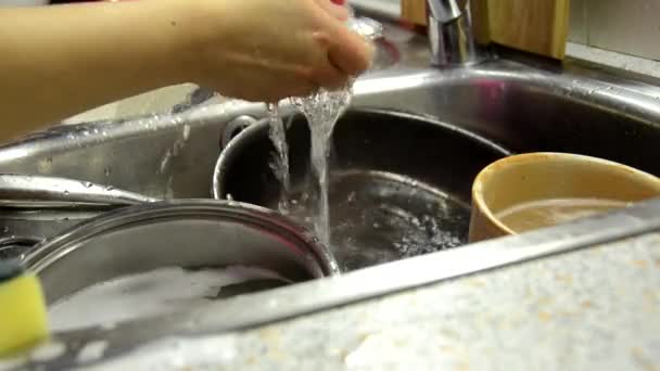 Las manos de la mujer enjuagan la placa en el fregadero de la cocina, haciendo las tareas en casa con detergente de plato de esponja. Rutina de lavado de platos, cámara estática . — Vídeos de Stock