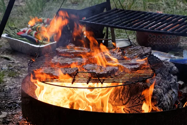 Bifes de carne em uma grelha com chamas — Fotografia de Stock