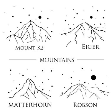 Vektör siyah beyaz çizimler Dağları ile kümesi. K2, Eiger, Matterhorn, Robson. Baskı tasarımı. Seyahat, turizm.