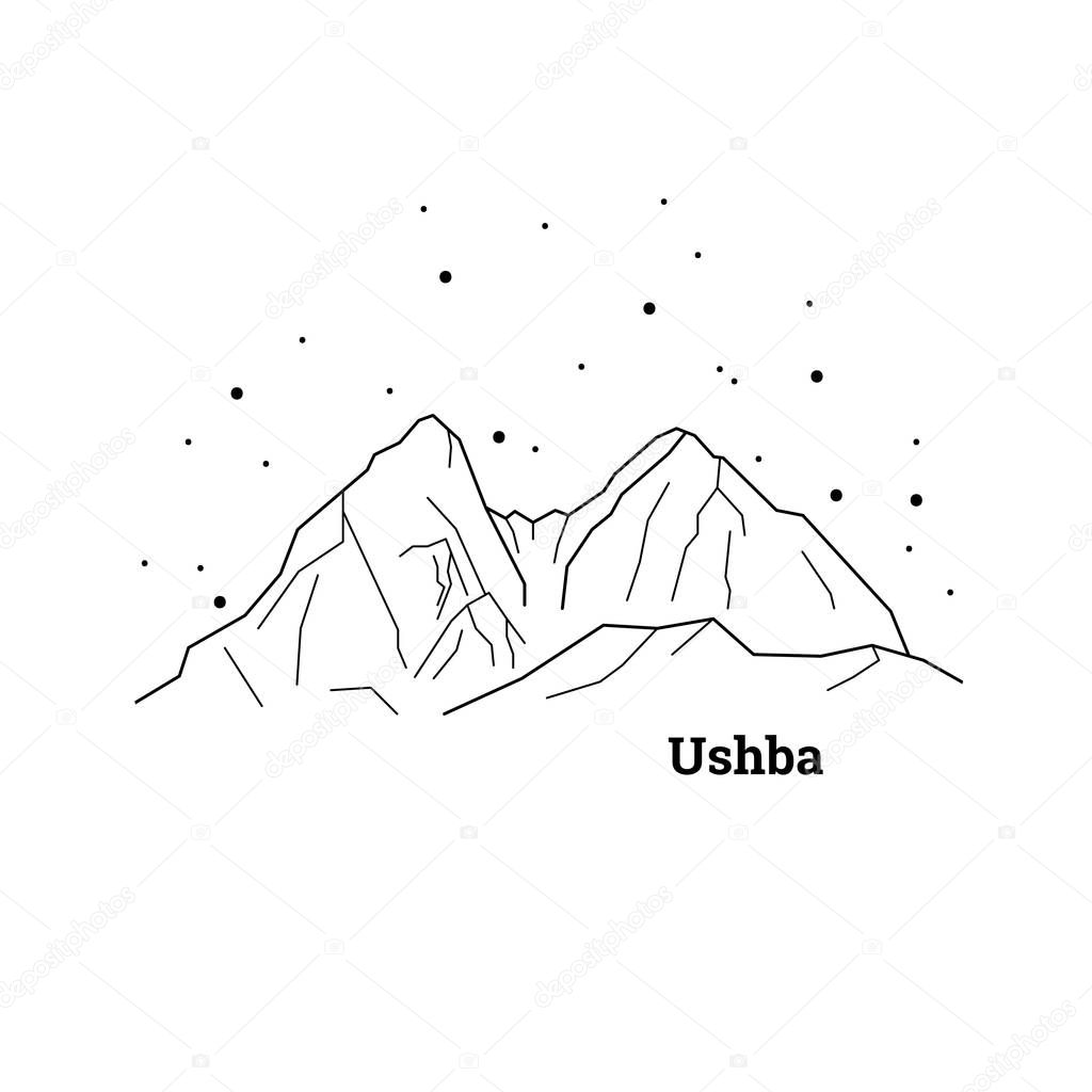 Ushba, Georgia. Vector black and white illustration with mountains. Travel, adventure, hiking, trekking. Print design. Poster, post card. Silhouette