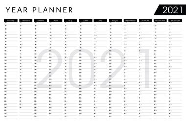 2021 yıllık planlamacı. Duvar takvimi tasarım şablonu. Yatay olarak yıllık basılabilir duvar planlayıcısı, günlük, aktivite şablonu - tarihler, ayın günleri ve kişisel notlar için yer. - Vektör