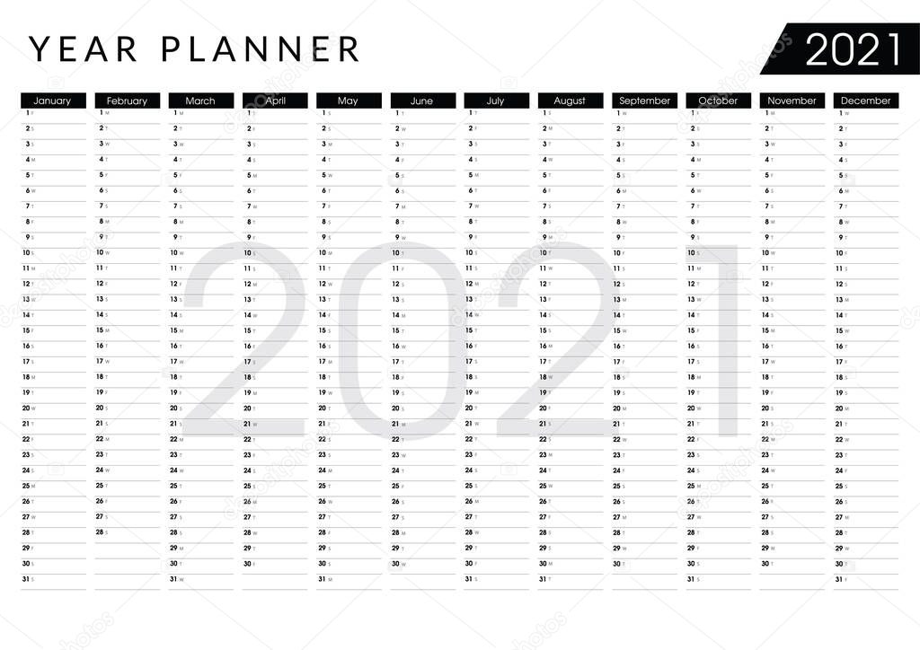 2021 Year planner. Wall calendar design template. Horizontal annual worldwide printable wall planner, diary, activity template - with dates, days of the month and space for personal notes. - Vector