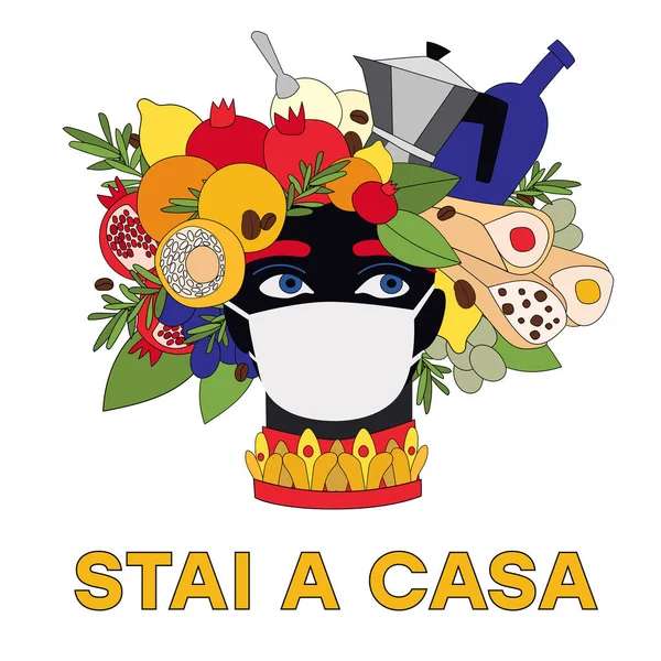 Stai Casa Karantina Sicilya Talya Coronavirus Tıbbi Maskeli Arancini Cannolo — Stok Vektör