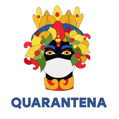 Quarantena 'da. Evde kal. Bir ev istiyorum. Coronavirus. Beyaz ilaç maskeli Mağripli. Pandemia. Vektör çizimi. Sicilya, Palermo, Catania