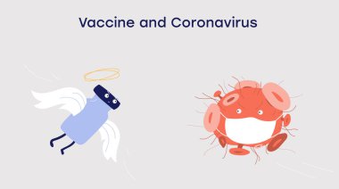 Coronavirus aşısı. Corona virüsünü öldür. Covid-19 salgını. Yeni bir aşı. Dövüş. Çizgi film vektör çizimi. Karakterler