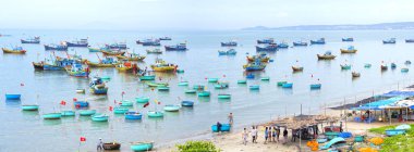 Balıkçı köyü ve geleneksel Vietnam balıkçı tekneleri 