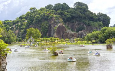 Aşık bir kuğu üzerinde rahatlatıcı güneşli bahar sabahı gölde tekne