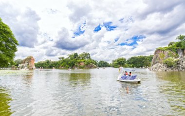 Aşık bir kuğu üzerinde rahatlatıcı güneşli bahar sabahı gölde tekne