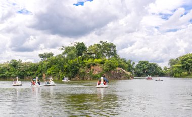 Aşık bir kuğu üzerinde rahatlatıcı güneşli bahar sabahı gölde tekne