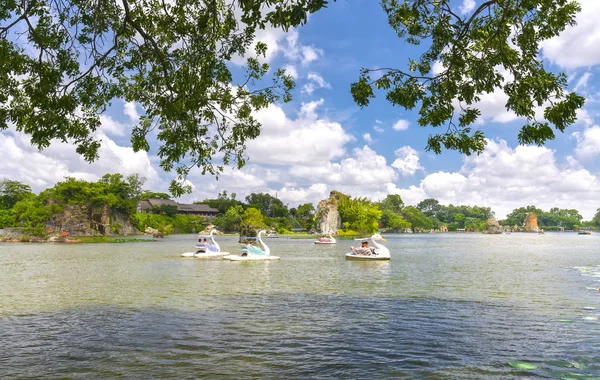Aşık bir kuğu üzerinde rahatlatıcı güneşli bahar sabahı gölde tekne