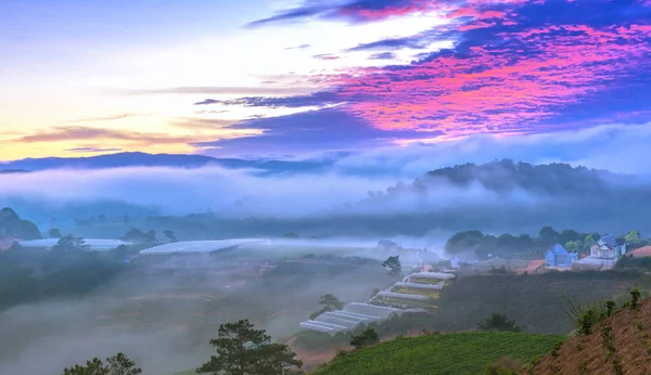 Dawn on the hill with a lot of mist, sky in the dramatic clouds — Stock Photo, Image