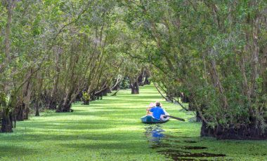 Kayıkçı gezgin bir tekne turu mangrov ormanın içinde kanalları boyunca alır.