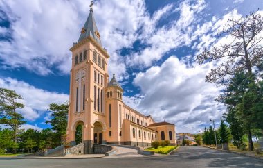 Da lat, Viet Nam - November 27th, 2017: Cathedral chicken. This is the famous ancient architecture, where attracts other tourists to annual spiritual culture in Da lat, Vietnam. clipart