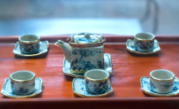 Conjunto Bules Antiga Xícara Chá Mesa Exibida Como Coleção Móveis — Fotografia de Stock