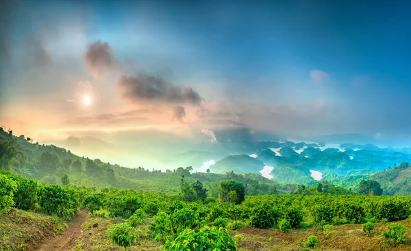 朝は山の上部に昇る ズン湖は 湖霧と小さな島パラダイスの完全に霧を輝いています これは Dac ベトナムでの水力発電のための貯留層です — ストック写真