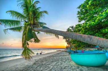 MUI Ne, Vietnam - 21 Nisan 2018: tropikal plajları öğleden sonra günbatımı güzel oluşturur gibi palmiye ağaçlarının eğlenirken turist paradise Beach deki MUI Ne, Vietnam hafta sonu misafirler için ayarlama