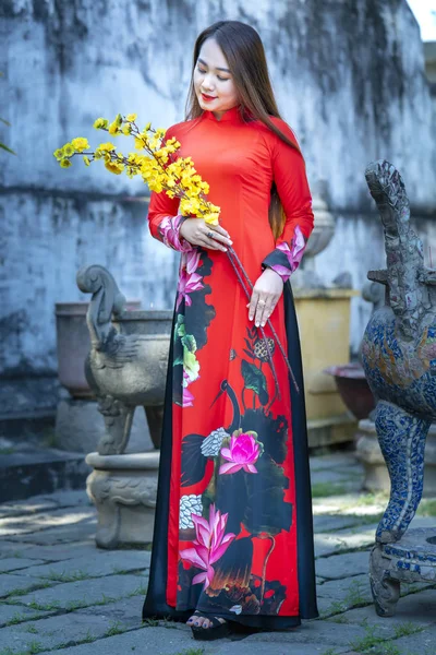ベトナムホーチミン市 2019年12月15日 ベトナムの伝統的なロングドレスの女の子や春のモチーフの若者と青大の姿勢はまた ベトナムのホーチミン市で時代を超越した表現 — ストック写真