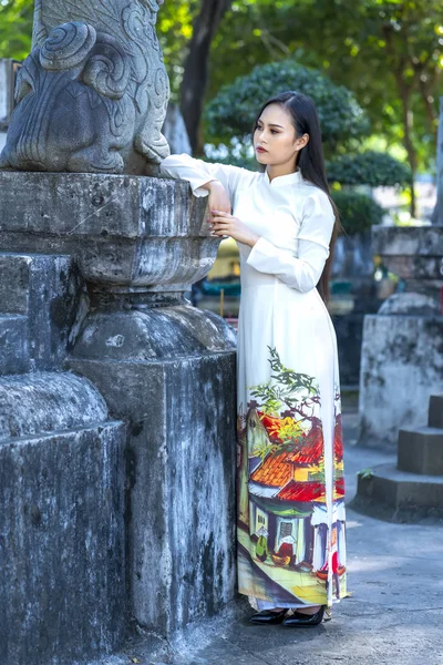 越南胡志明市 2019年12月15日 身穿传统长裙的越南女孩在越南胡志明市也以春天为主题装腔作势 — 图库照片