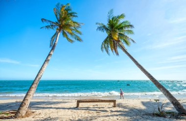 Mui Ne, Vietnam - 3 Mart 2020: Yabancı turist yaz öğleden sonra Mui Ne, Vietnam 'da tropik bir plajda dinleniyor