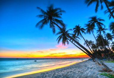 Orta Vietnam 'da yaz mevsiminde tropik bir plajda gün batımı manzarası