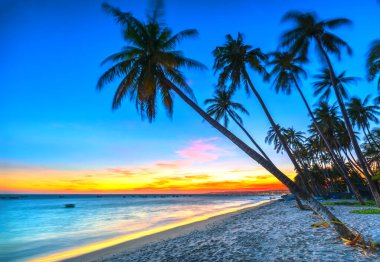 Orta Vietnam 'da yaz mevsiminde tropik bir plajda gün batımı manzarası