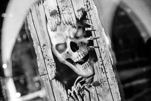 Horror scary skull in abstract background. Halloween black and white wallpaper. — Stock Photo, Image