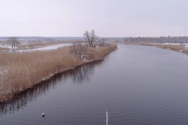 Vinterlandskap med frusna floden och skogen i frosten — Stockfoto