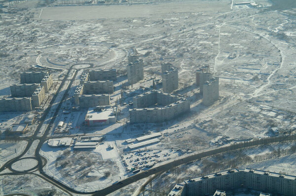Winter landscape of the city from heights. Kharkiv, Ukraine.