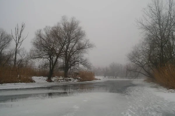 Winter Auf Dem Zugefrorenen Fluss — Stockfoto