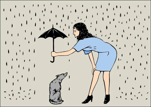 傘と犬を持つ女性 ストック画像