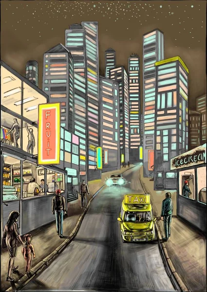 Eine nächtliche Straße mit Taxi, Menschen und Auto — Stockfoto