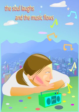 Genç kadın, kaydedici, şehir ve dağ