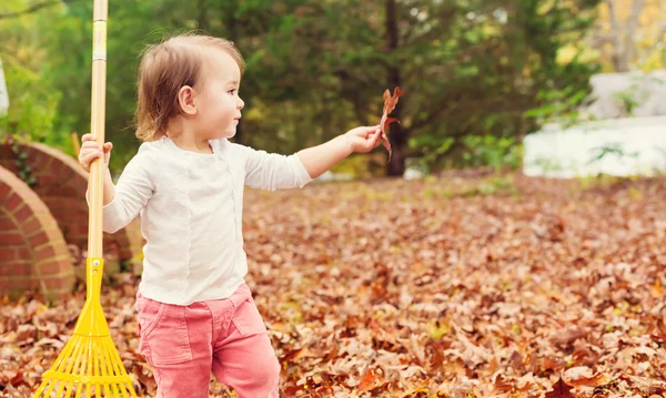 Girl holding rake and leaf at hands — Stock Photo, Image