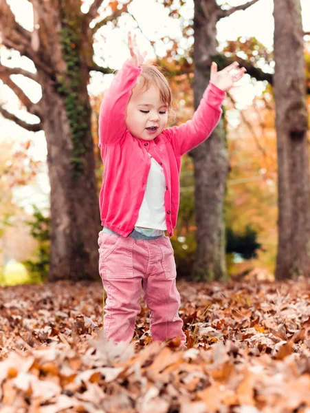 Toddler girl standing with raised hands — Stock Photo, Image