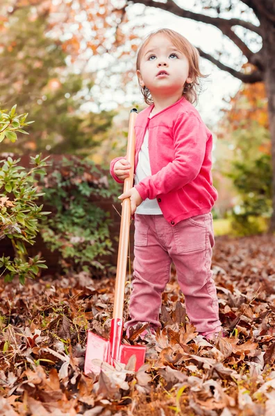 Toddler dziewczynka gospodarstwa łopata w lesie — Zdjęcie stockowe