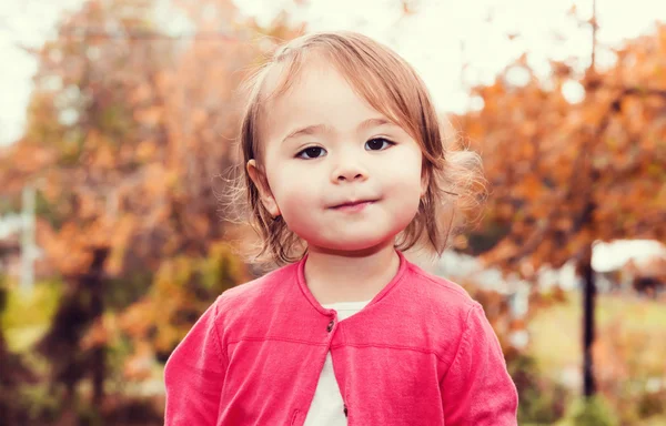 Ευχαρίστως toddler κορίτσι χαμογελά έξω από το φθινόπωρο — Φωτογραφία Αρχείου