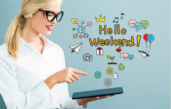 Hello Weekend text with business woman — Stock Photo, Image