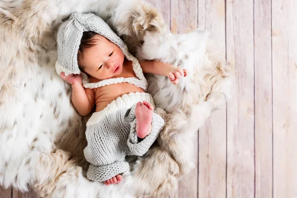 Menino recém-nascido em uma cesta — Fotografia de Stock
