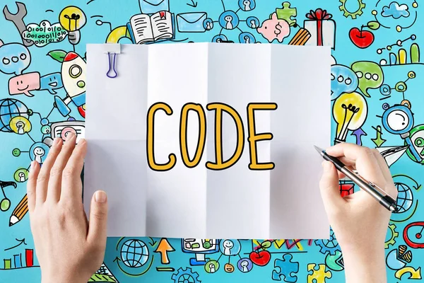 Code text with hands — Stock Photo, Image