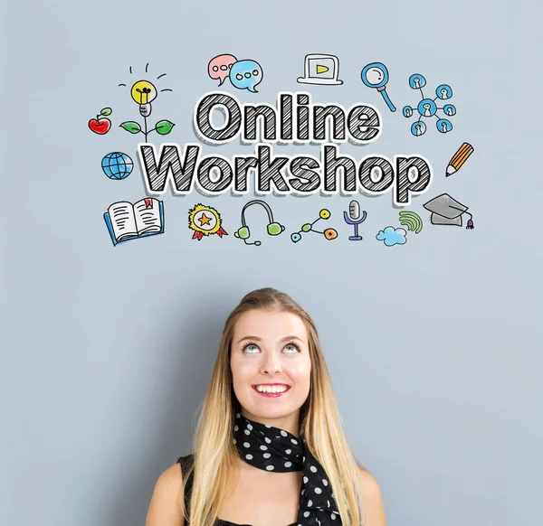 Online Workshop koncept med glad ung kvinna — Stockfoto
