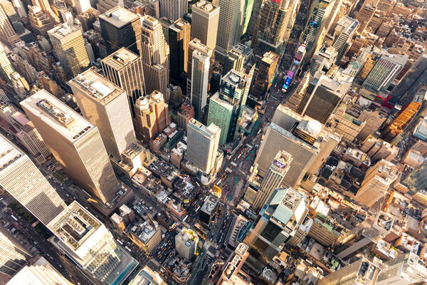 Aerial view of Central Park and Times Square, New York CIty at sunset