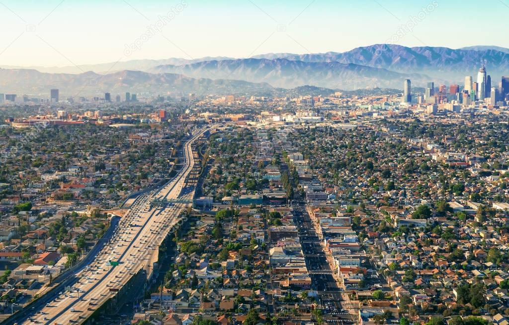 Aerial view of a freeway intersection in Los Angeles