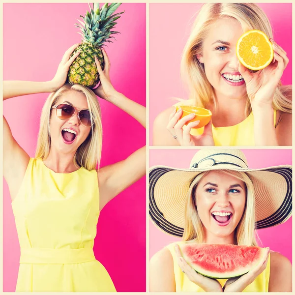 Menina com colagem de fotos de frutas frescas — Fotografia de Stock