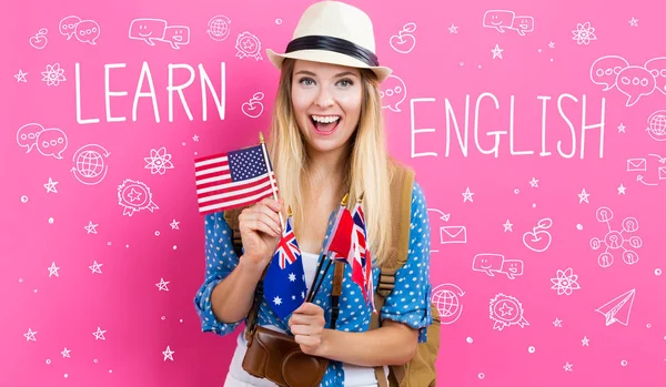 Learn English text with woman — Stock Photo, Image